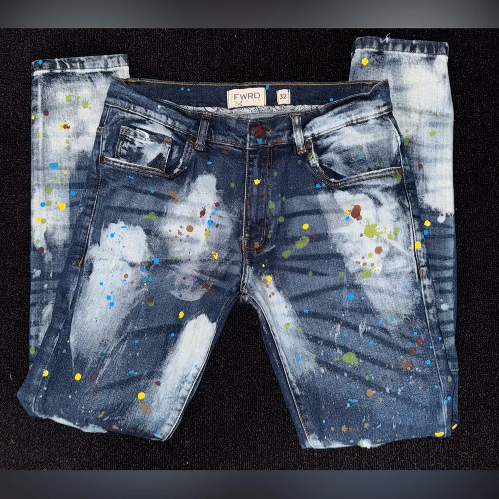 FWRD  Men’s Denim Set Bleached Splattered Paint Denim Jean Jacket W/ Pants